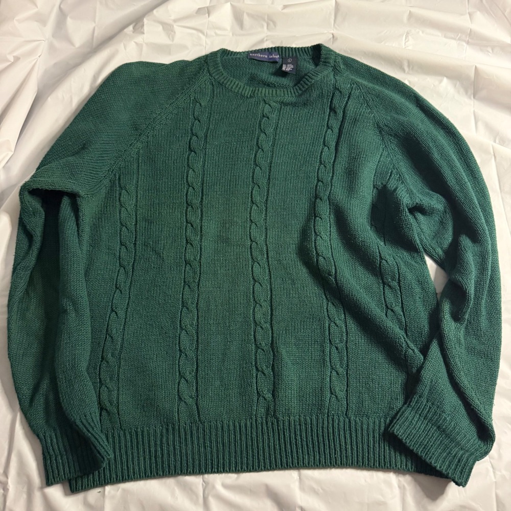 Northern Isles Mens Cable Knit Crewneck Sweater Large Green Ramie Cotton Vintage
